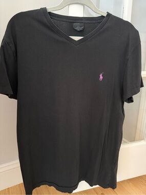 Ralph Lauren Black V-Neck Tee with Purple Polo Pony